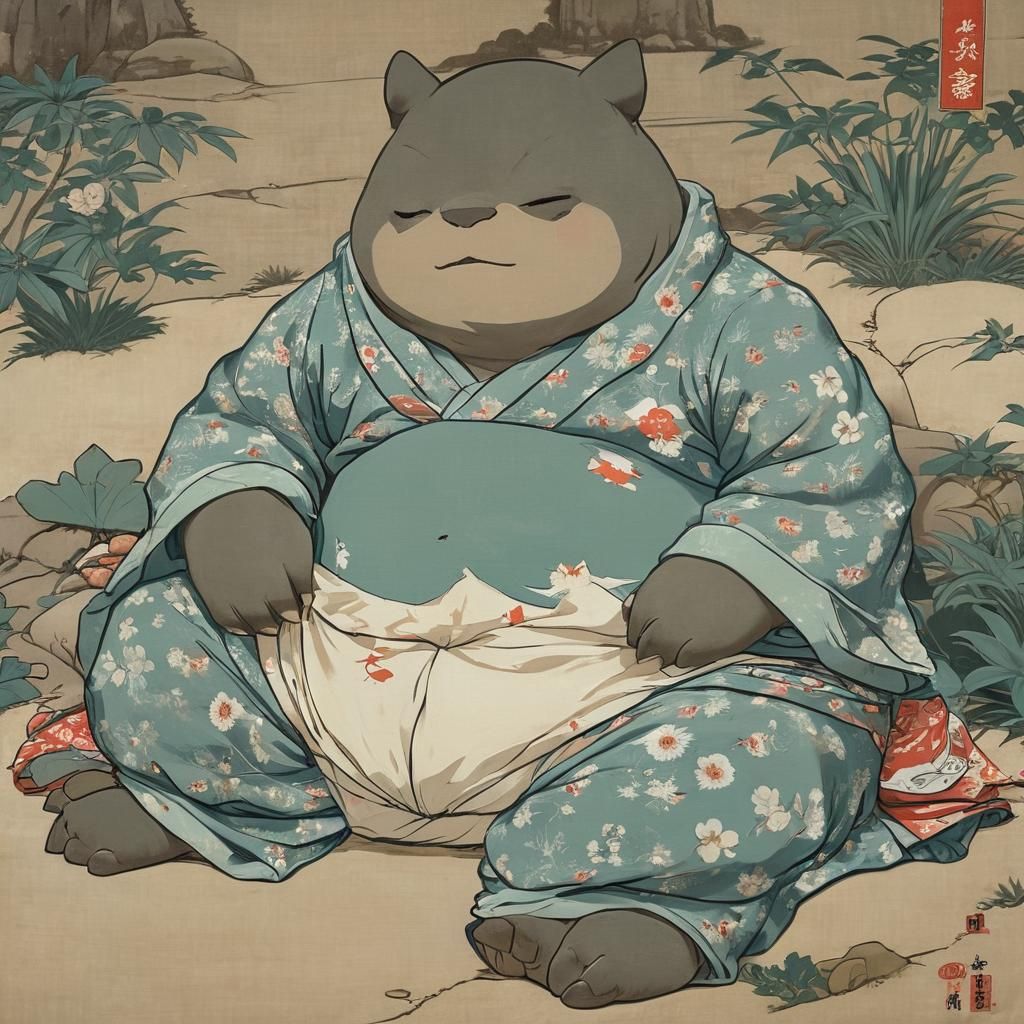 Snorlax in Pajamas: Ukiyo-e Style Painting