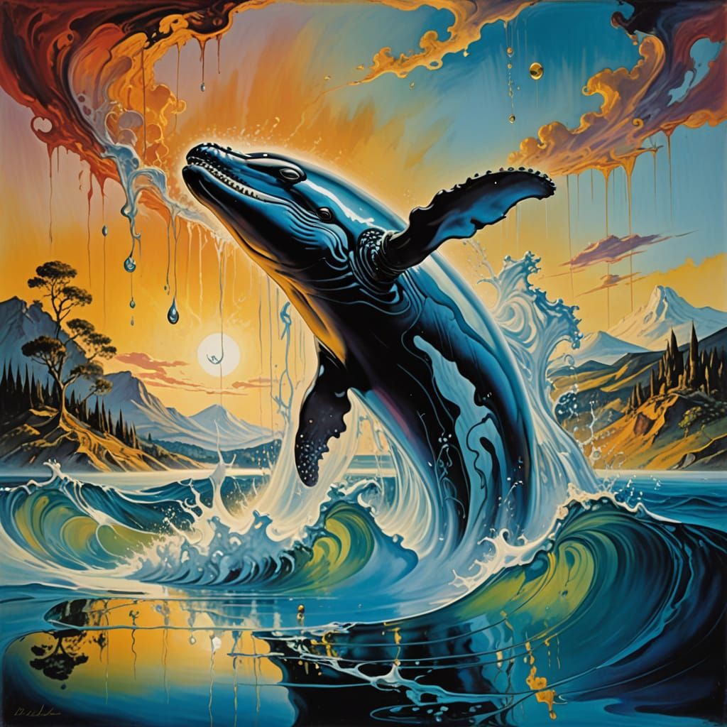 Surrealistic Whale Emerges from the Mists in Vibrant Oil Pai...