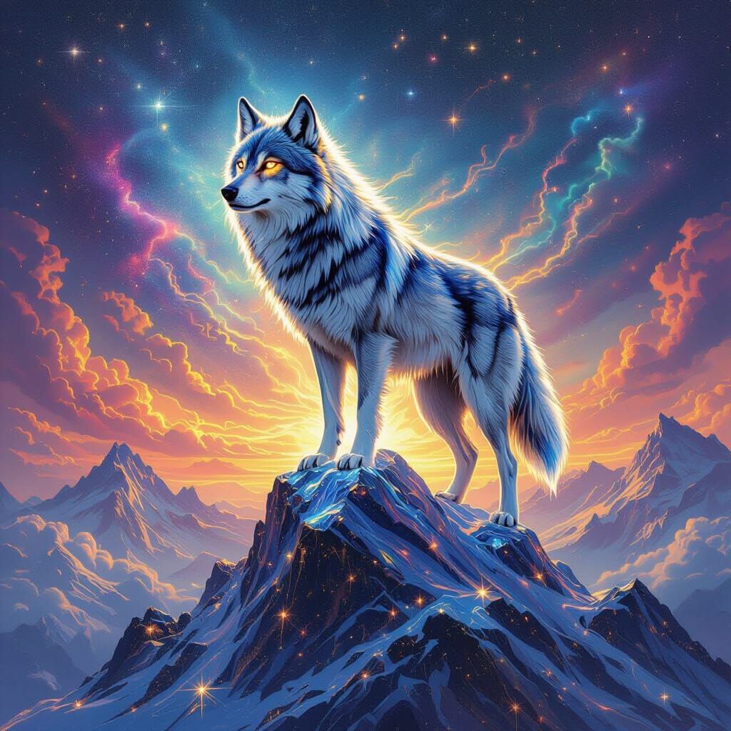 Cosmic Wolf on Crystal Mountain Under Nebula Sky