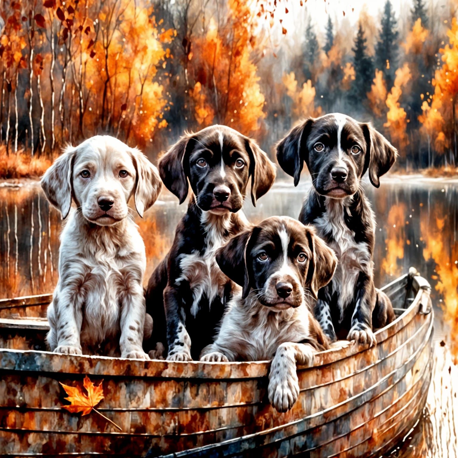 Puppies in a Rowboat: Impasto Painting of Autumn Scene