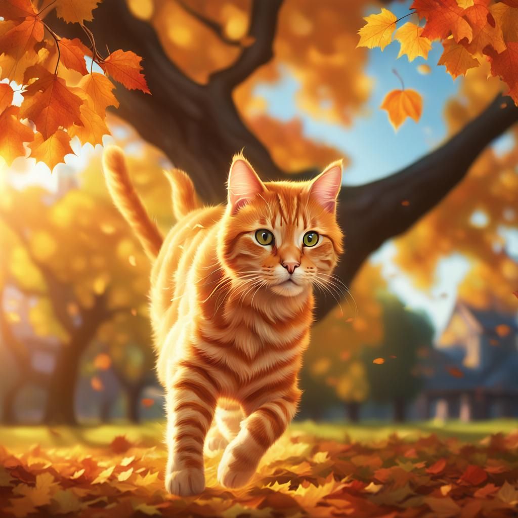 Ginger Cat Frolicking in Autumn Leaves: Digital Art