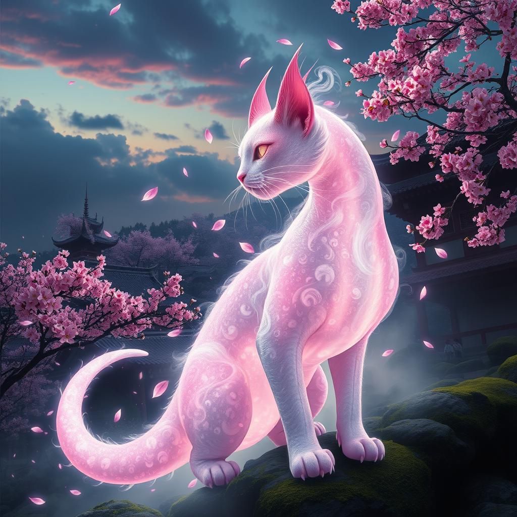 Luminescent Sakura Dragon Cat in Digital Art Style