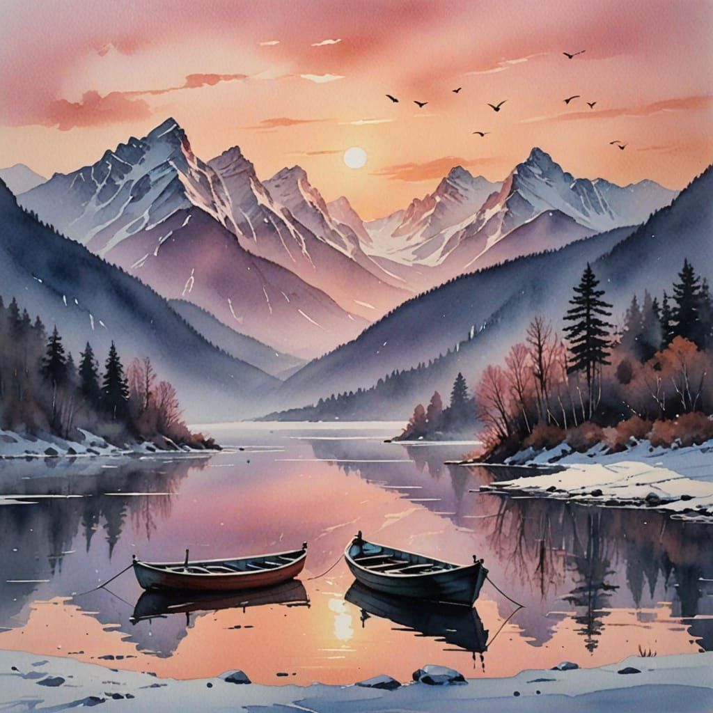 Watercolor Fishing Boat at Sunset with Mountain Reflections