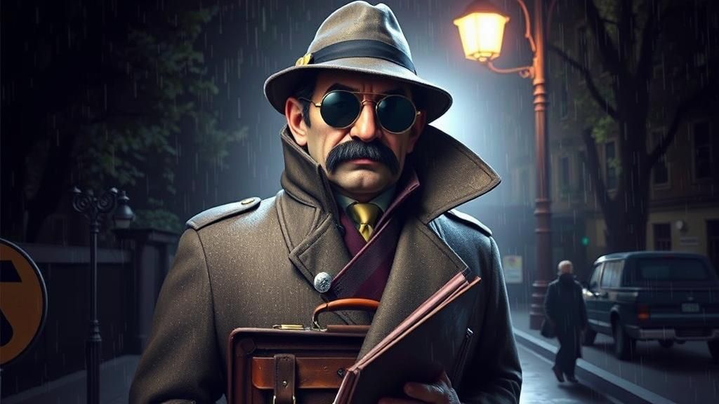 caricature spy with moustache in rain coat with collar up an...