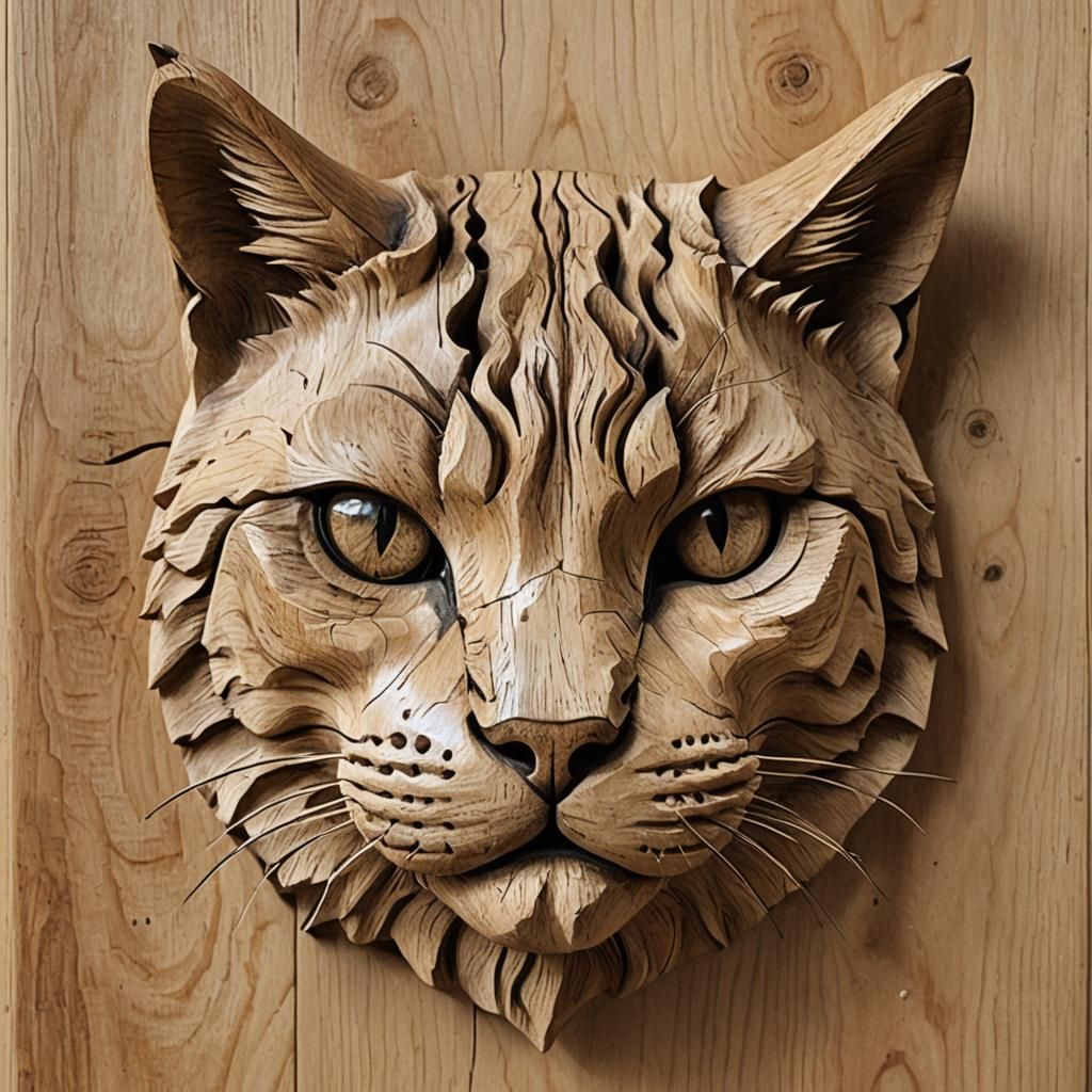 Detailed Wooden Carving of a Cat's Head