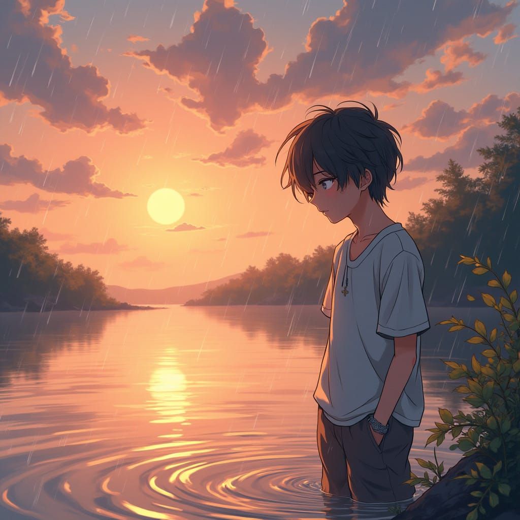 Serene Anime Boy Contemplates Sunset by Tranquil River
