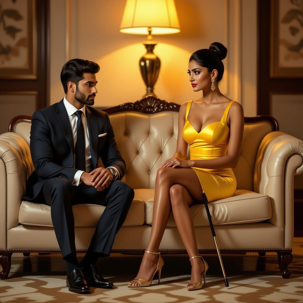 Elegant Indian Woman with Cane in Luxurious Lounge