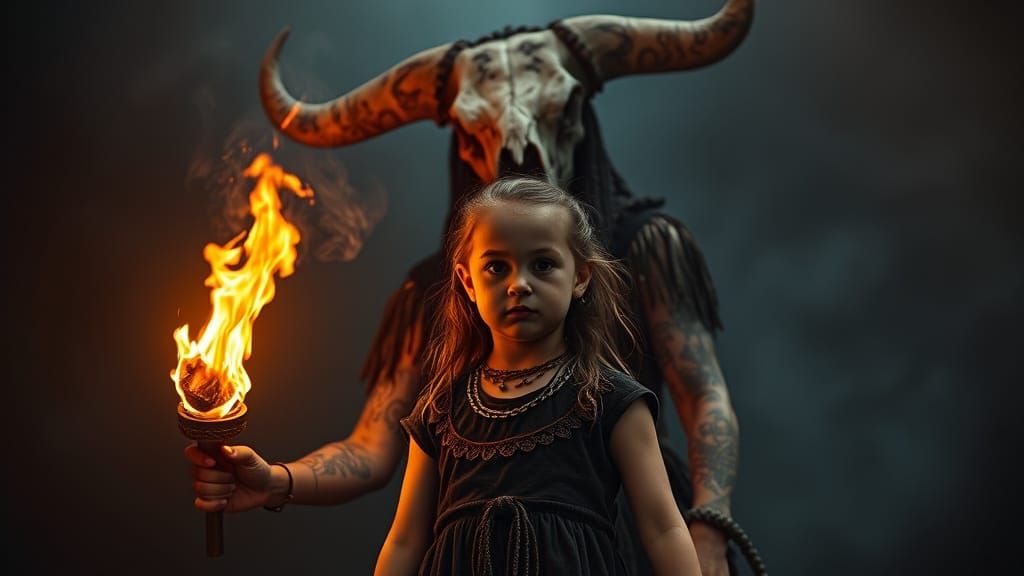 Defiant Girl Confronts Macabre Shaman in Ritualistic Scene