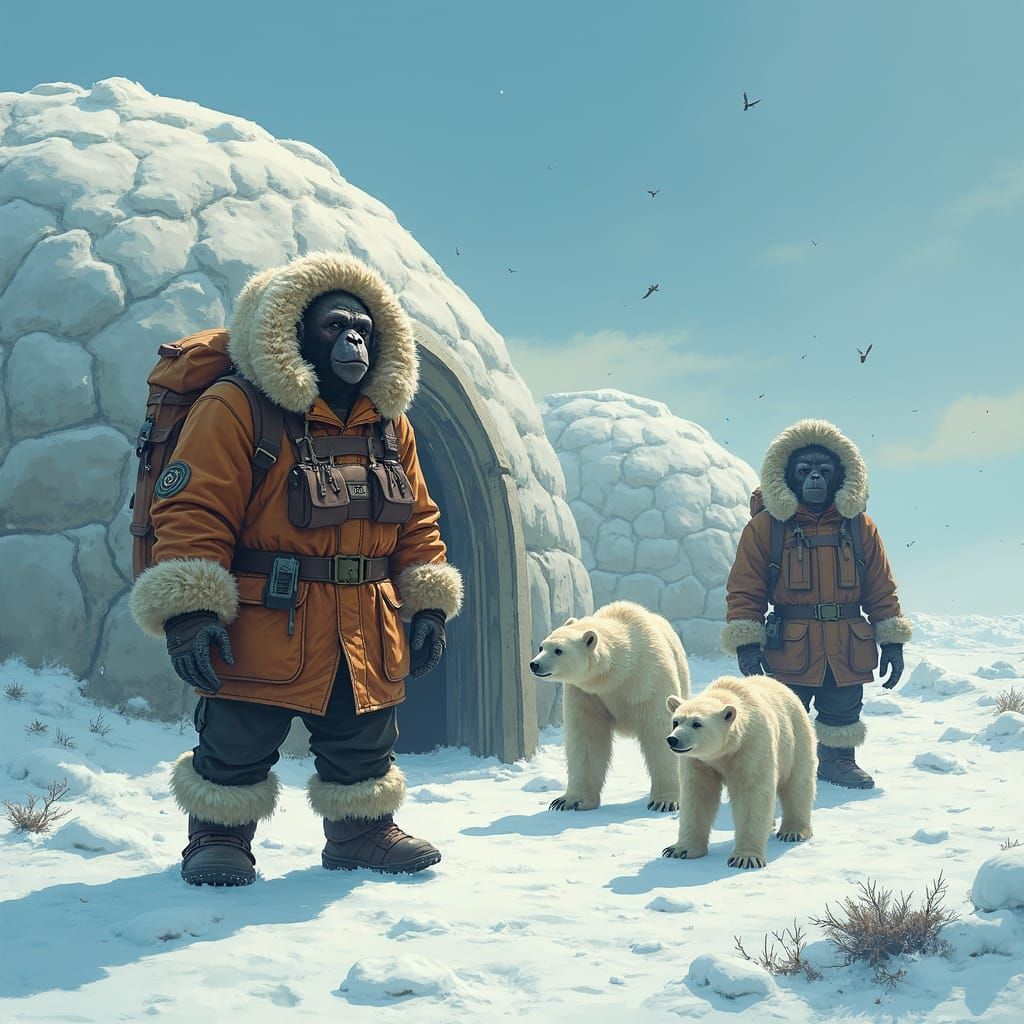 Apes in Arctic Landscape: Sci-Fi Digital Painting