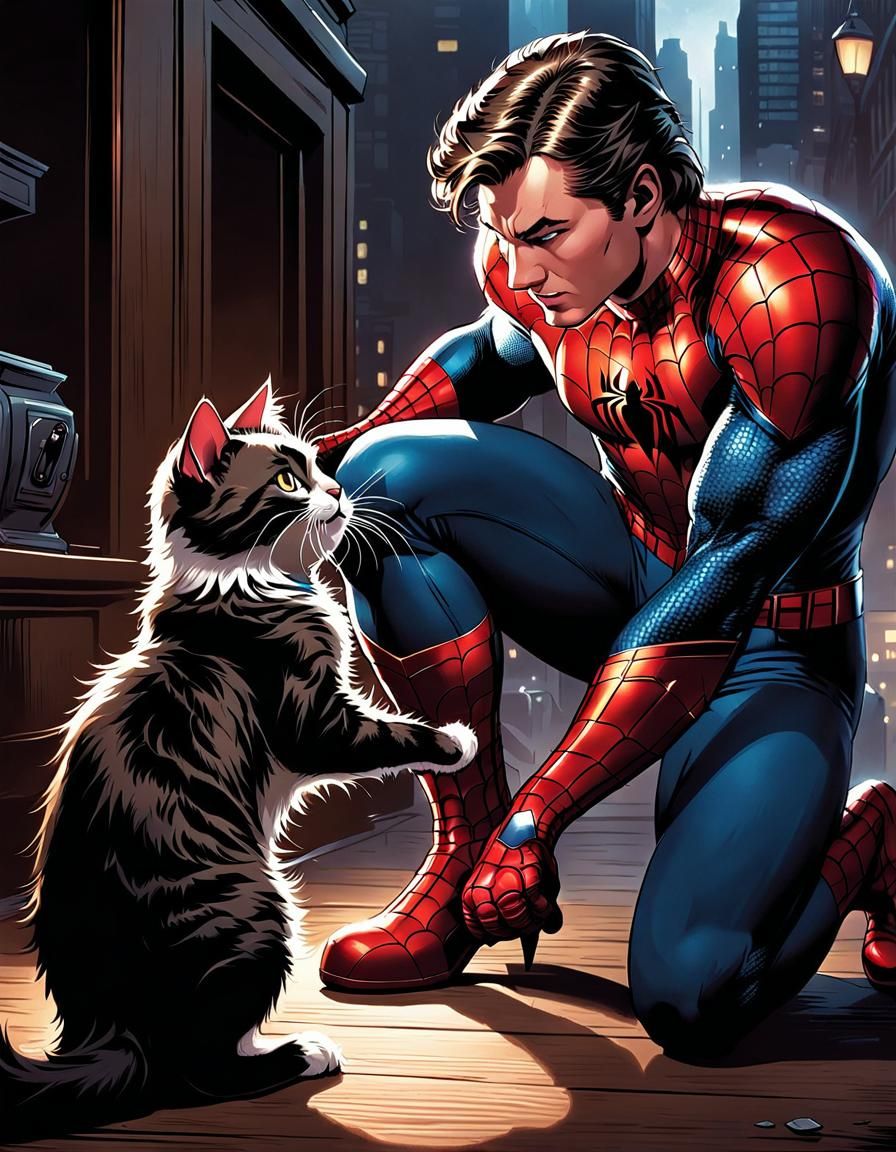 Spider-Man's Gentle Playtime with Kitten, Comic Art