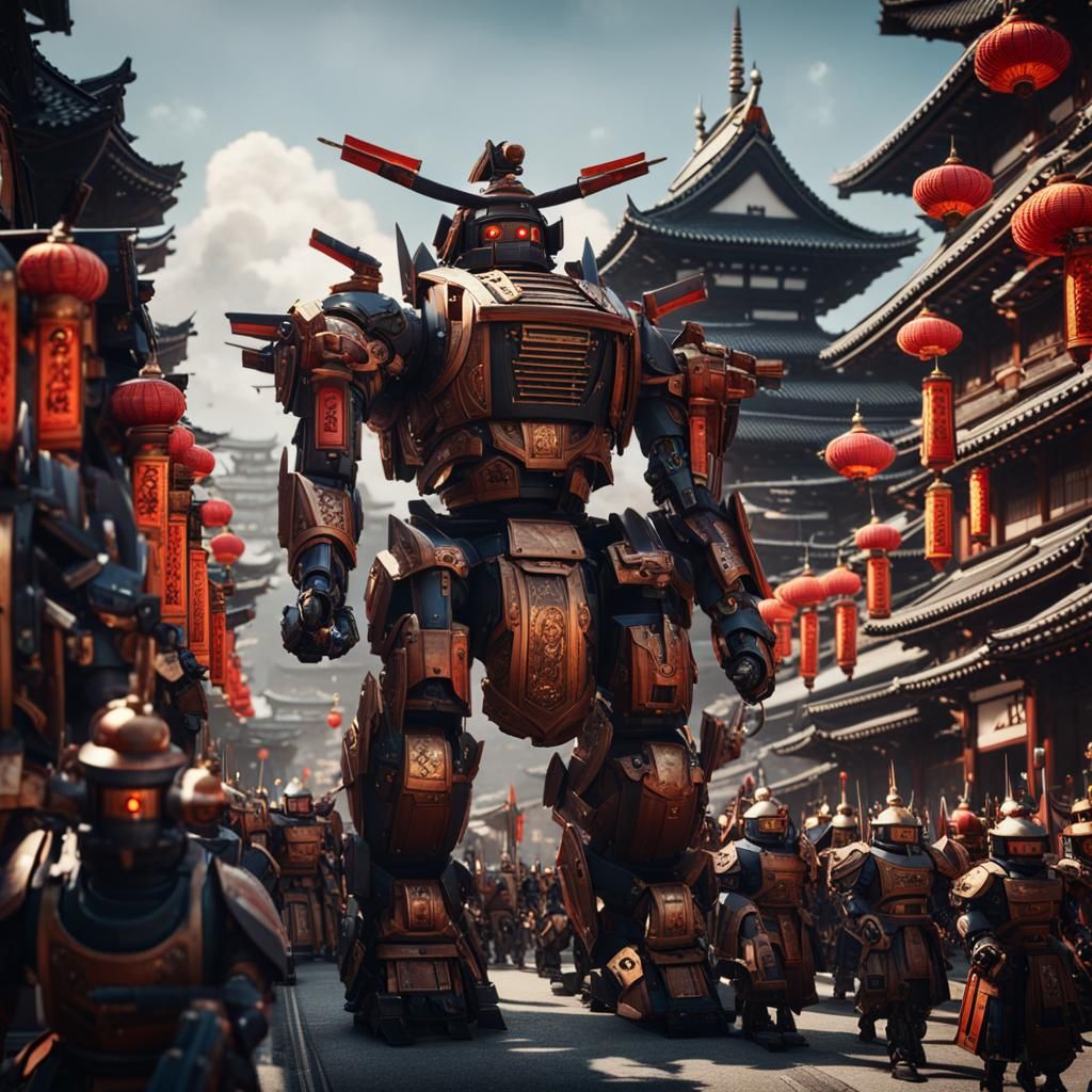 Samurai Mech Parade in Ancient Japan, 8K