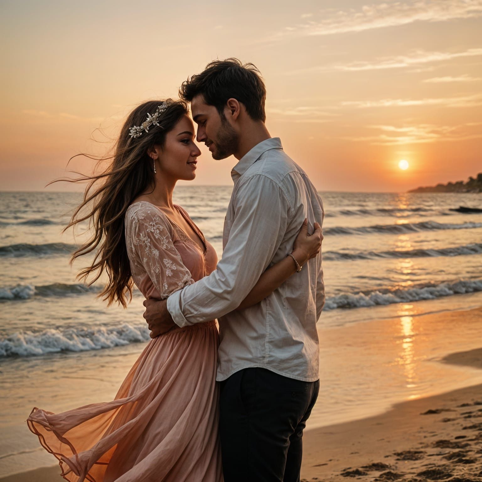 Romantic Beach Sunset Dance in Impressionist Style