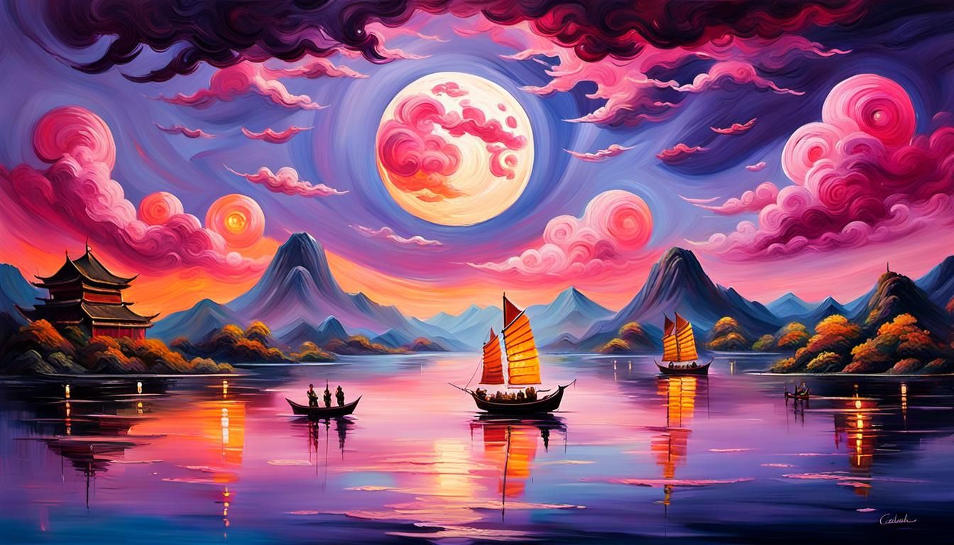 Serene Lake Scene in Vibrant Colors, Inspired by Masters