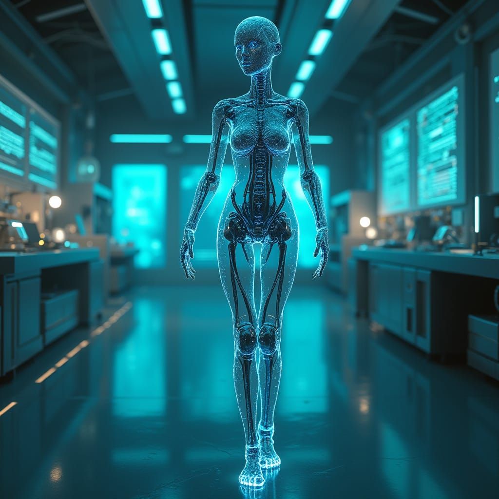 Futuristic Android in Neon Lab