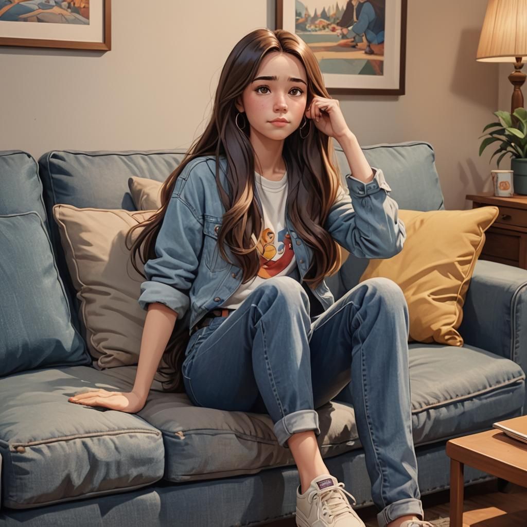 Woman on Couch in Cartoon Realism Style