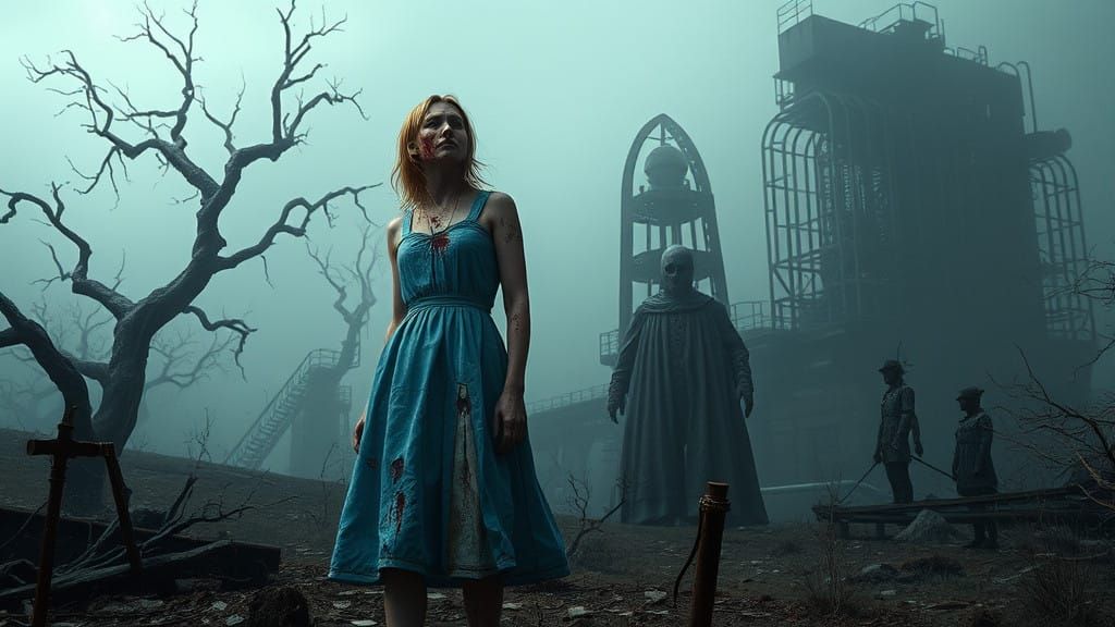 Dark Alice in a Haunting Silent Hill-Inspired Landscape
