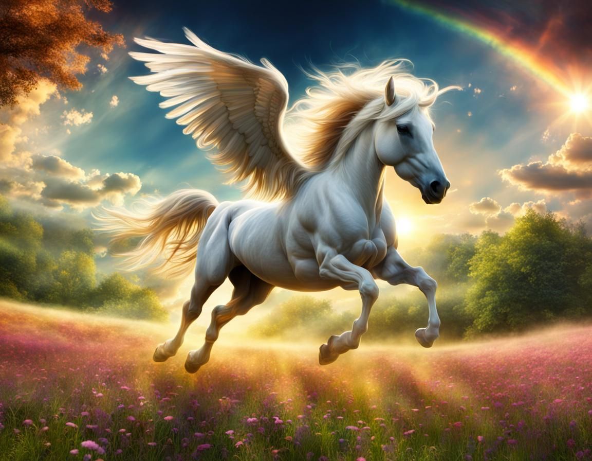 Majestic Pegasus Flight in Sunlit Meadow