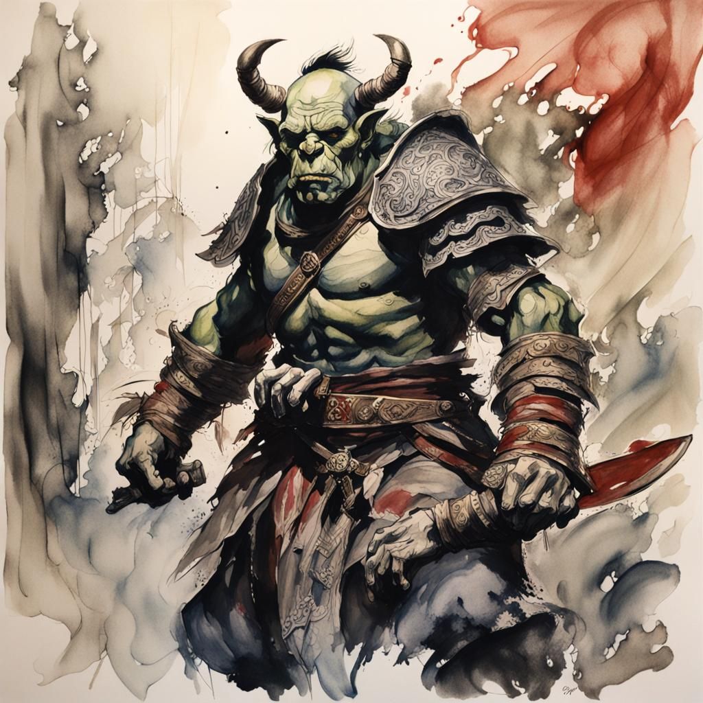 Warrior Orc in Ink Wash Style