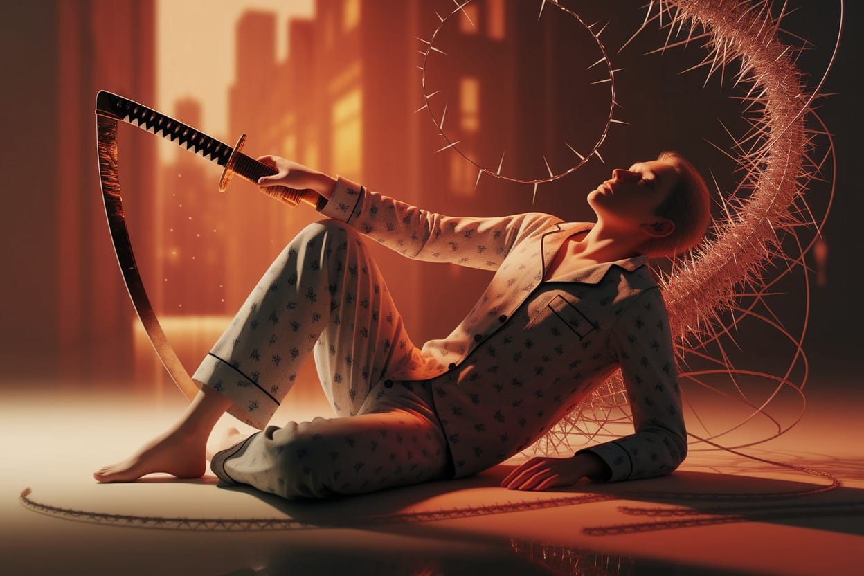 Melancholic Figure with Katana in Amber Glow Cityscape