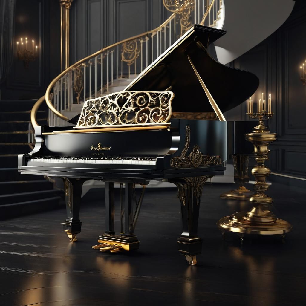 Luxurious Piano Under Spiral Staircase: Digital Art