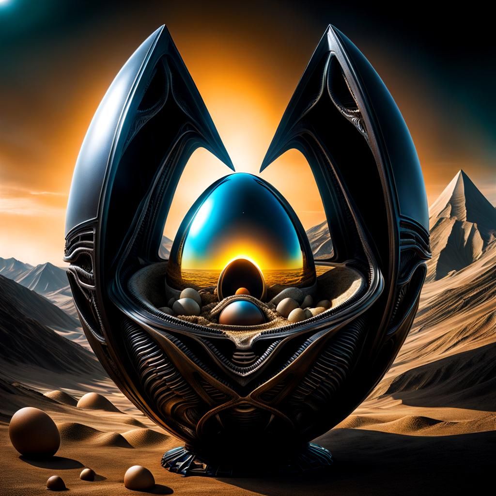 Xenomorphic Alien Hatching in Surreal Landscape