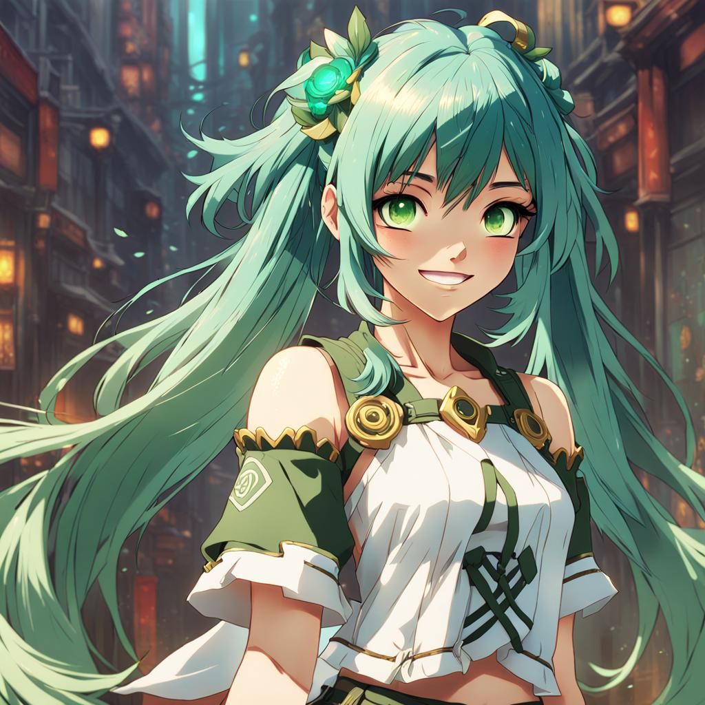 Anime Girl with Green Hair Portrait