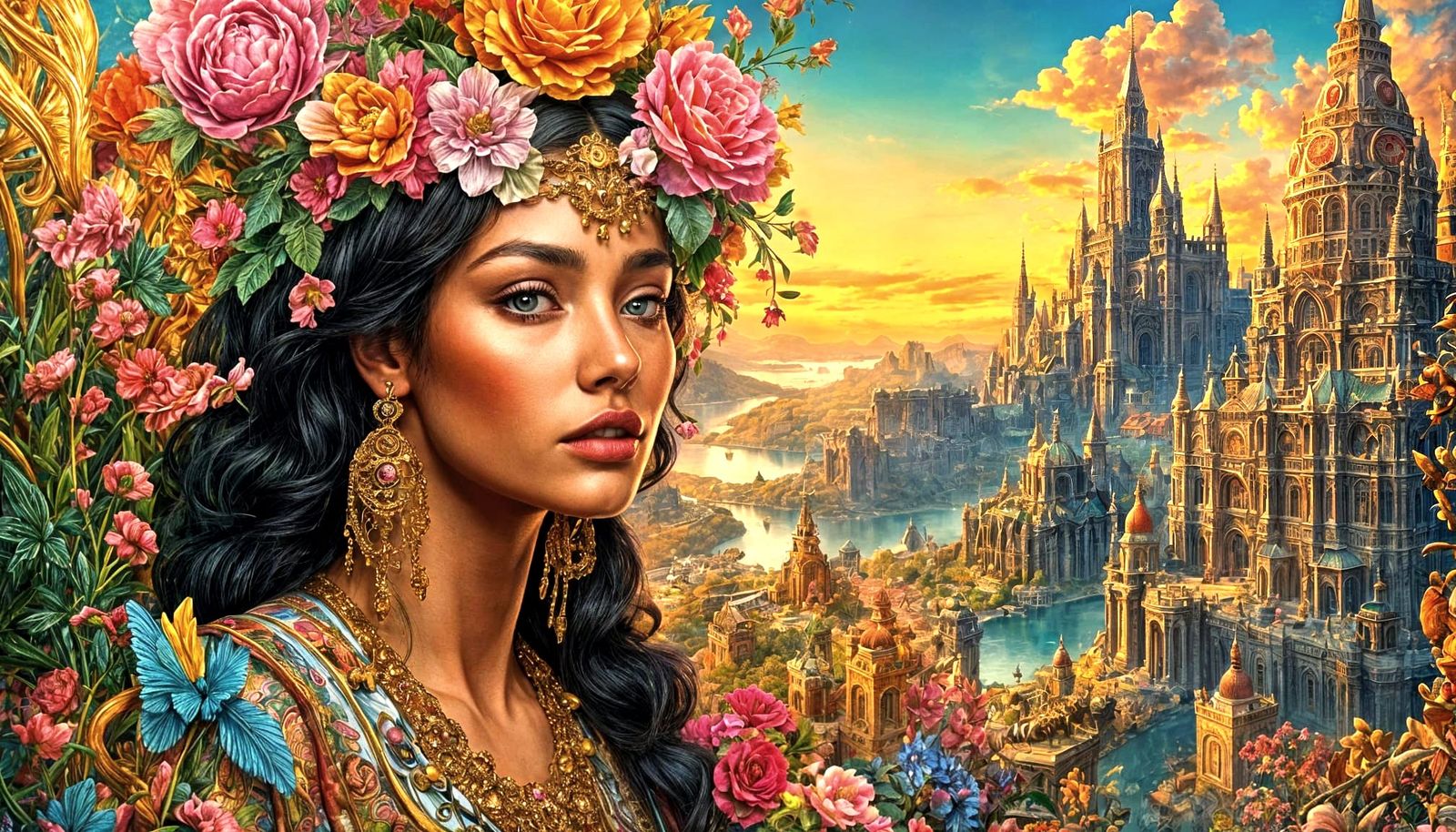 Maximalist Retro-Futuristic Scene in Rich Ink and Watercolor