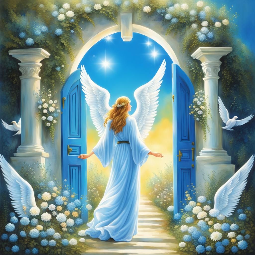 Beautiful heaven lady angels blue white bright colours welcoming at heaven gate
