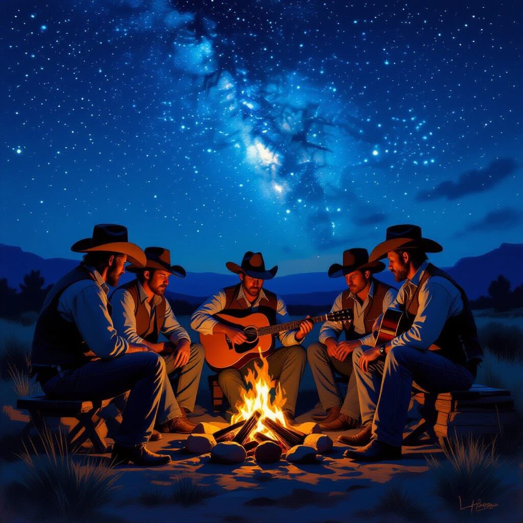 Cowboys Gathered Around Campfire Under Starry Sky
