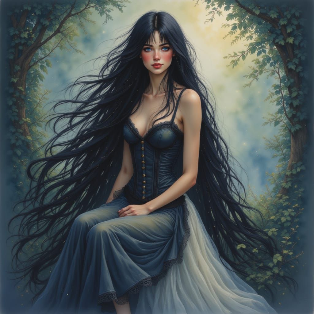 Woman in Flowing Skirt Digital Painting in Fairy Tale Style