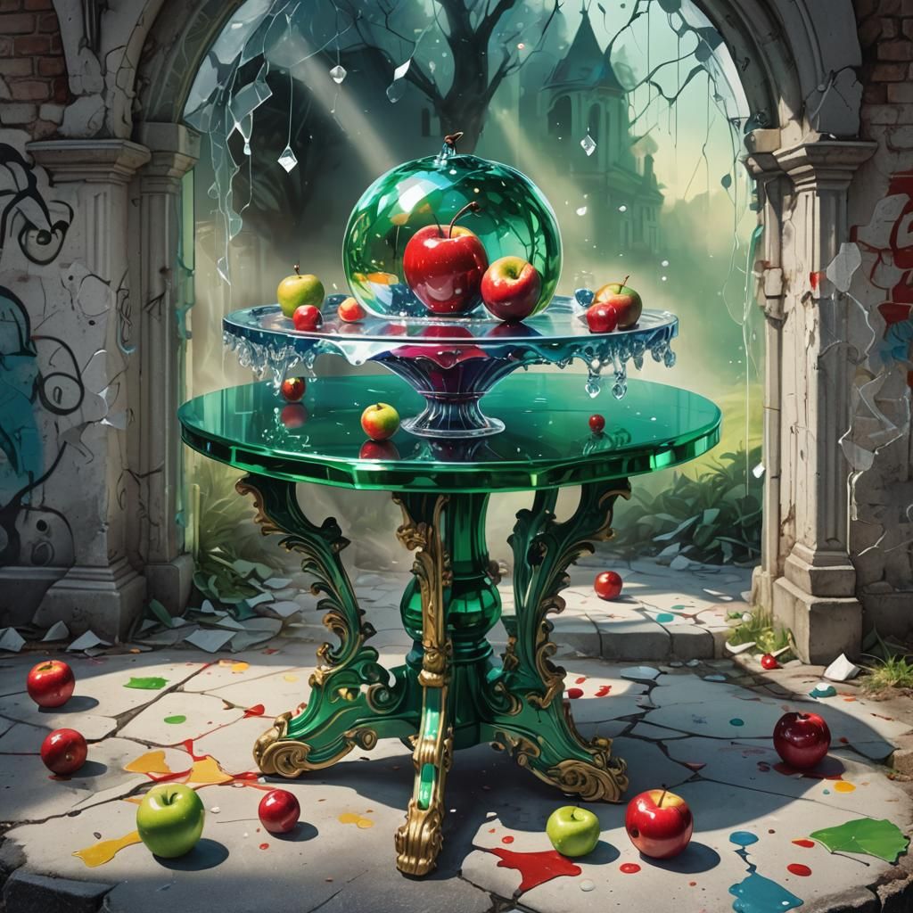 Emerald Table with Ruby Apples in Graffiti Art