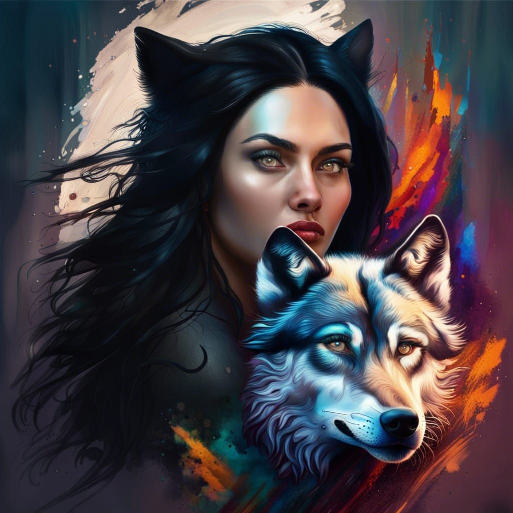 Woman and Wolf Face Merge in Hyperrealistic Splash Art