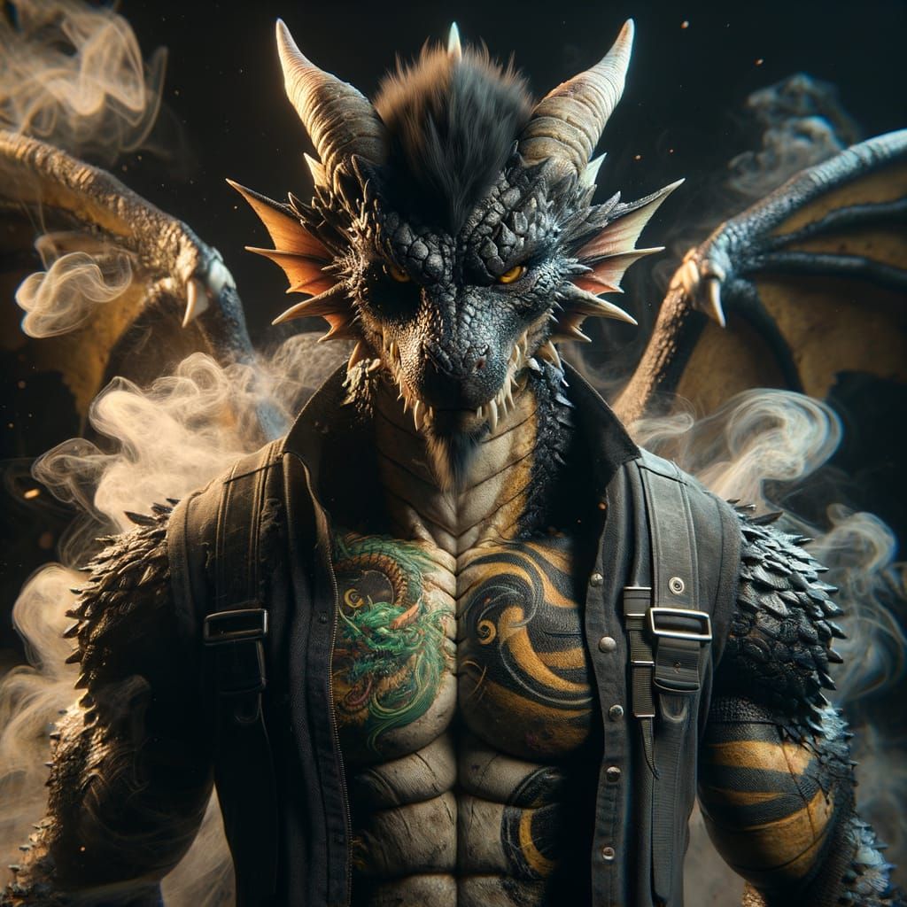 Detailed Dragon-Human Hybrid in Dramatic Lighting