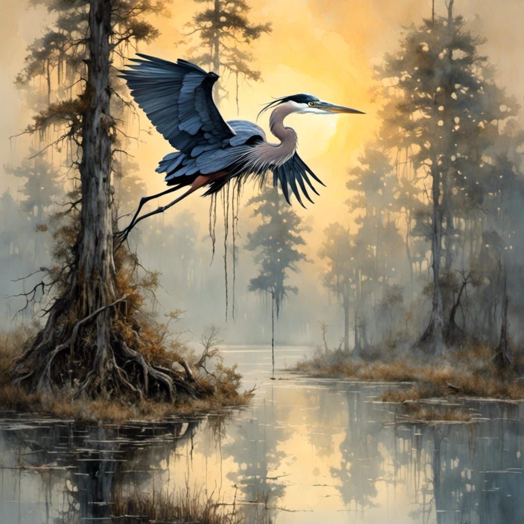 Great Blue Heron in Swamp, Watercolor and Ink
