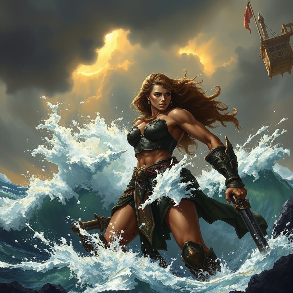 Epic Fantasy Warrior Battles Turbulent Sea in Golden Light