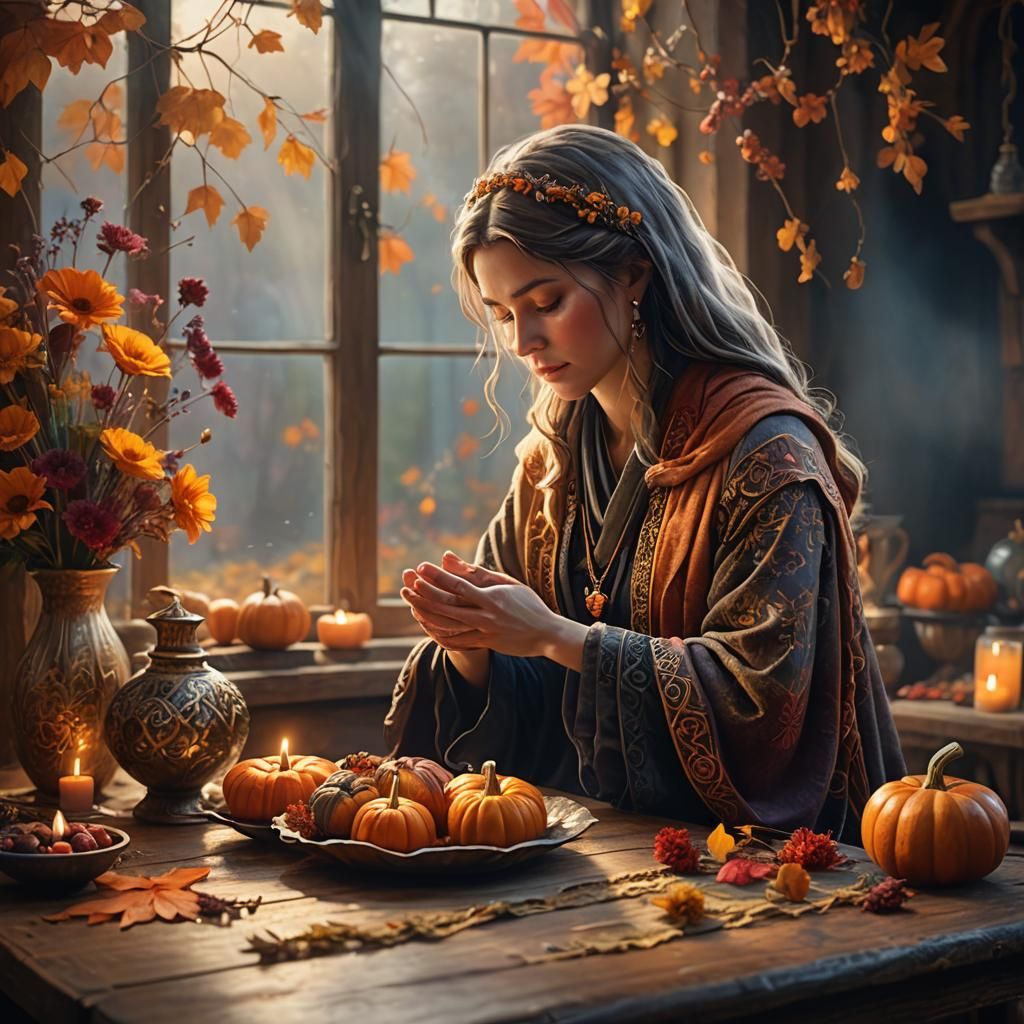 Country kitchen setting. A woman is praying her hands in vie...