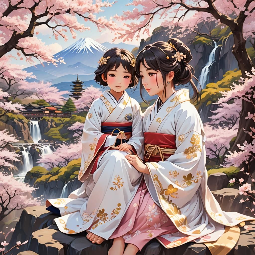 Japanese Woman and Daughter in Anime Style