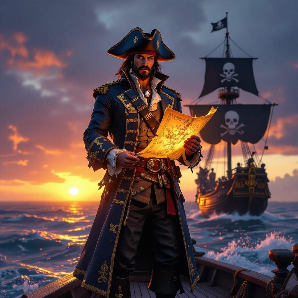 Legendary Pirate with Glowing Map at Sunset