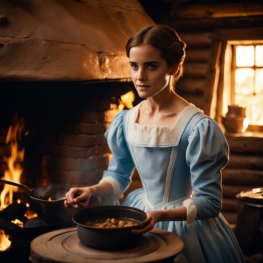 Radiant Woman Cooks Stew in 1850s Cabin