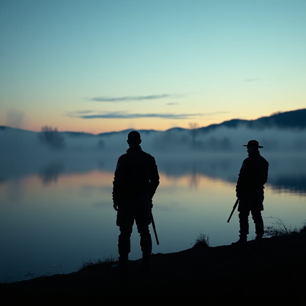 Men in Black Guard Twilight Lake: 3D Render