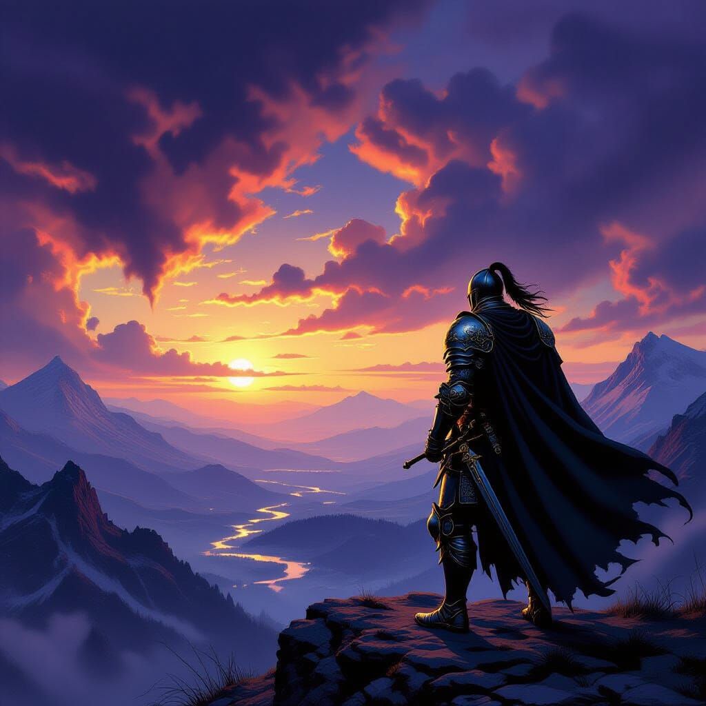 Knight on Mountain Peak Overlooking Monster Horde