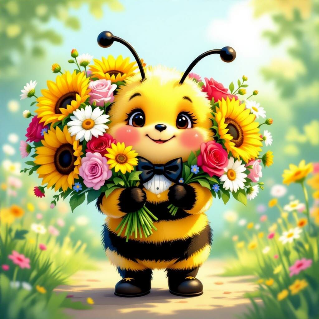 Cute Bee Holding Flowers in Whimsical Style