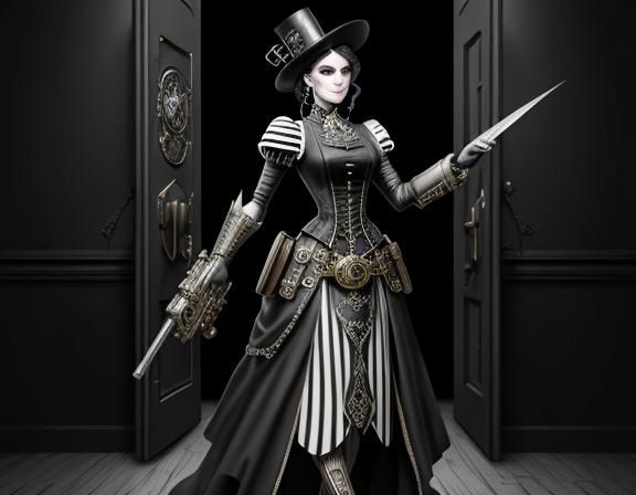 Steampunk Woman in Lichtenstein Style Line Art