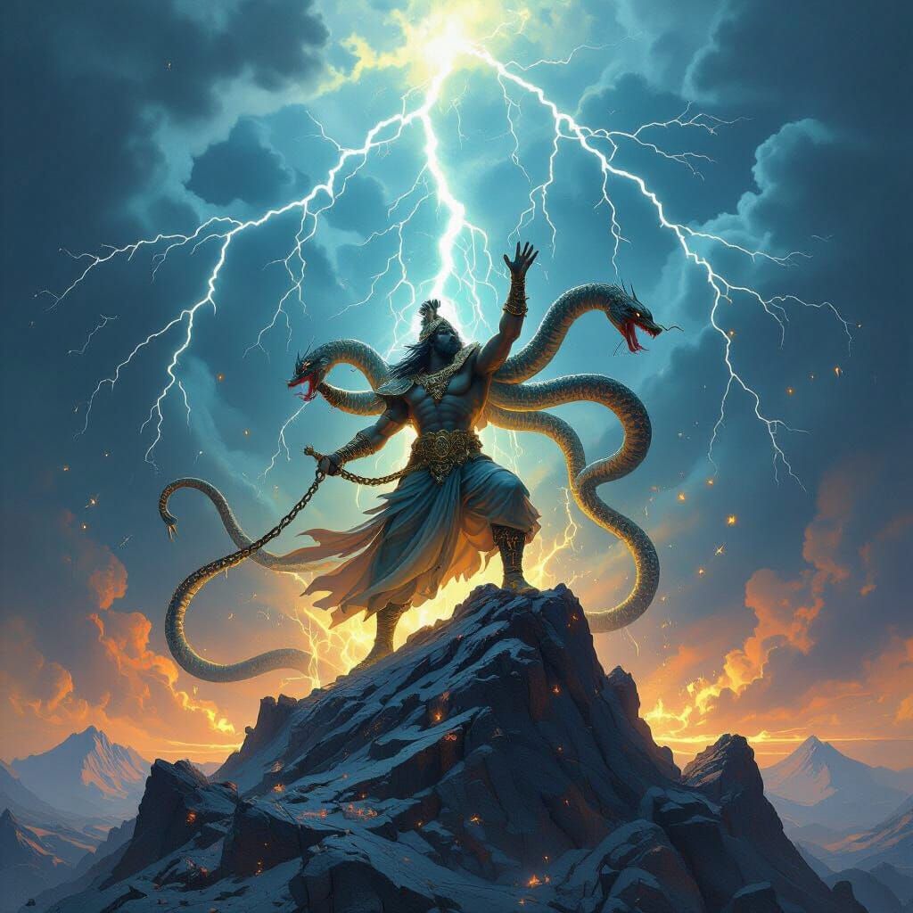 Fereydun Chains Zahhak to Mount Damavand Amidst Stormy Light...