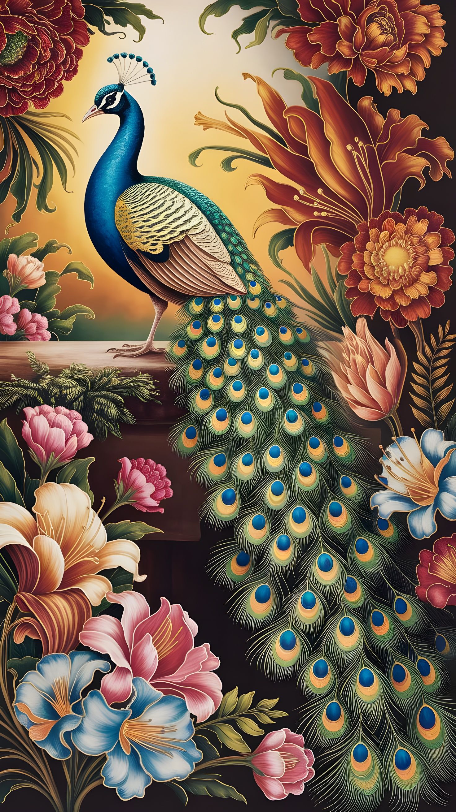 Majestic Peacock in Rousseau-Inspired Botanical Garden
