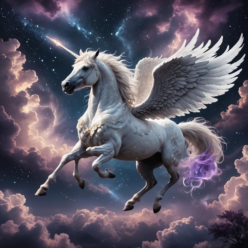 Glowing White Pegasus Soaring in Starry Night