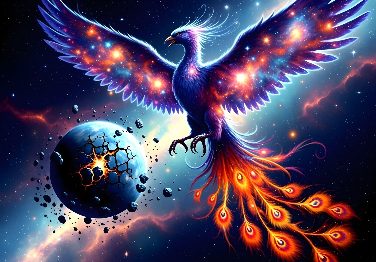Cosmic Phoenix Soaring Amidst Exploding Planet
