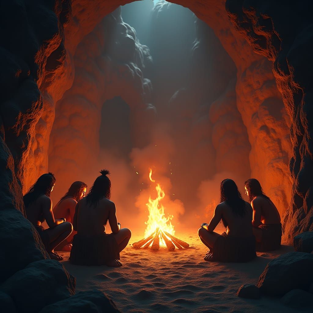Primitive Men Around Fire in Matte Painting Style