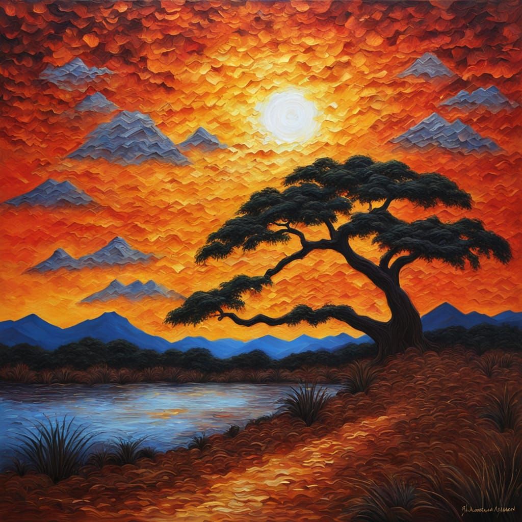 Impressive African Sunset Landscape in Viscous Oil Paint Sty...
