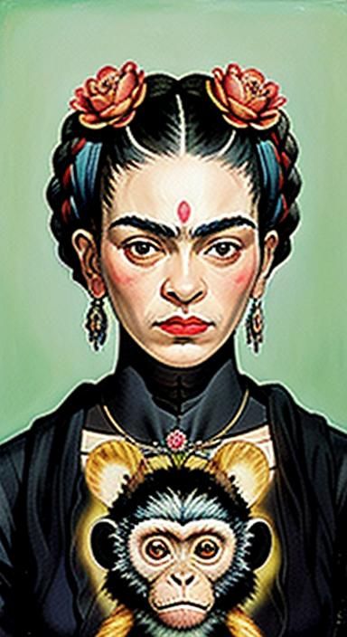 Surreal Self-Portrait with Monkey and Flowers